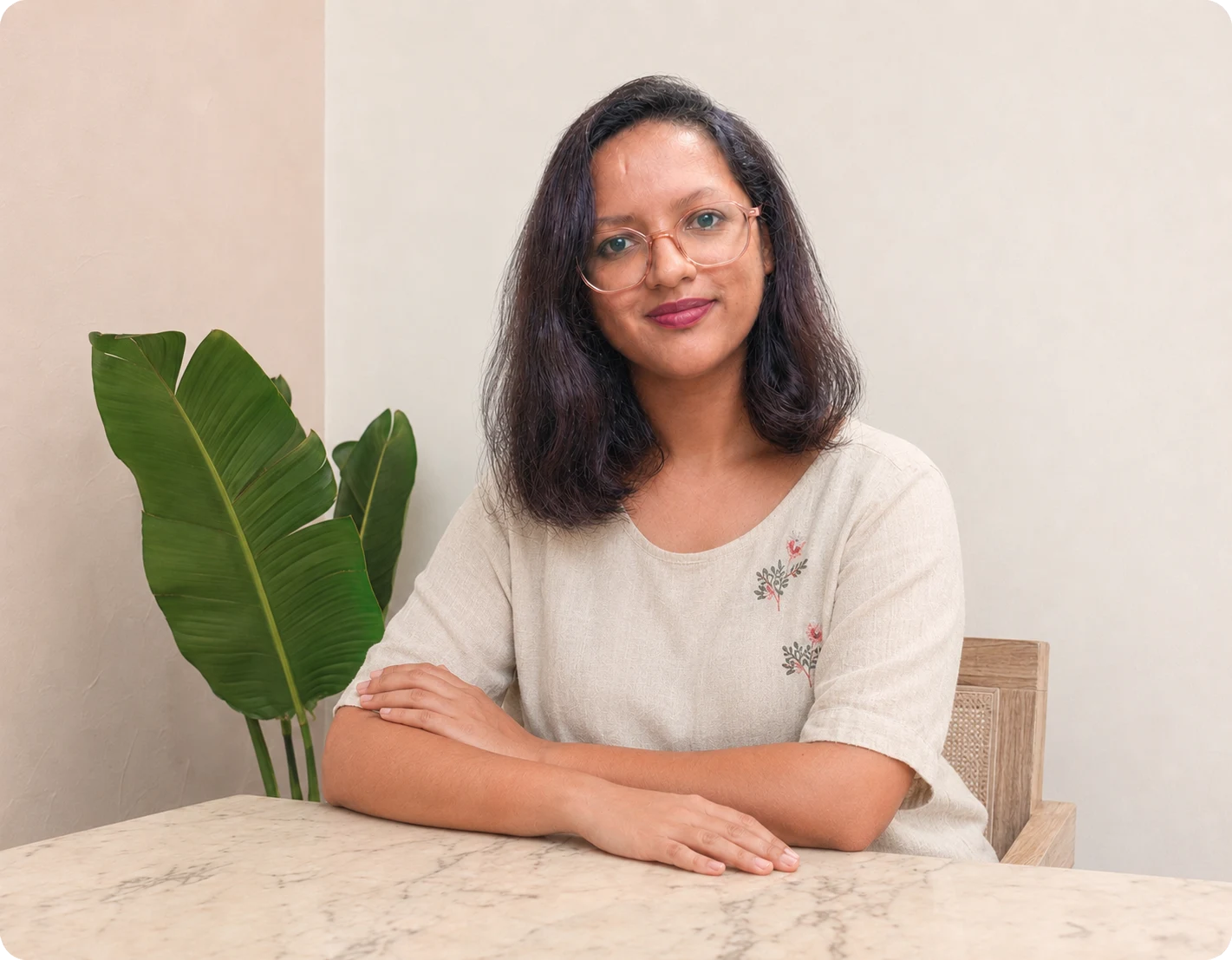 Harshita seated at a marble table, smiling, arms folded, with a large leafed plant beside her.