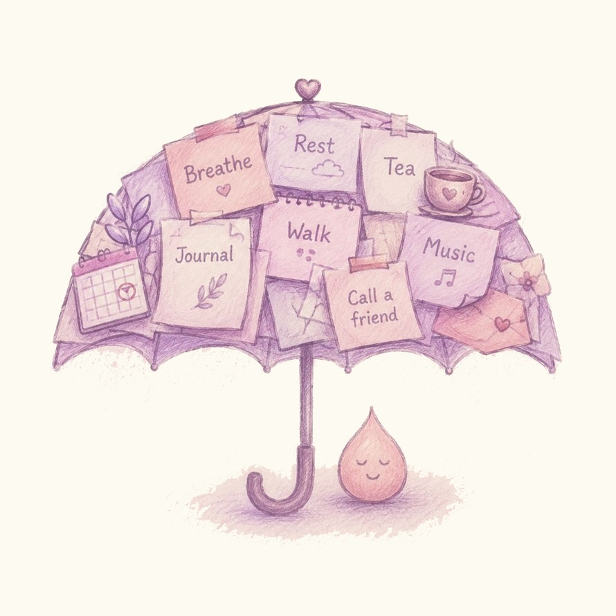 A pencil illustration of an open umbrella covered in small notes reading Breathe, Rest, Tea, Journal, Walk, Music and Call a friend, with a smiling raindrop sheltering beneath it.