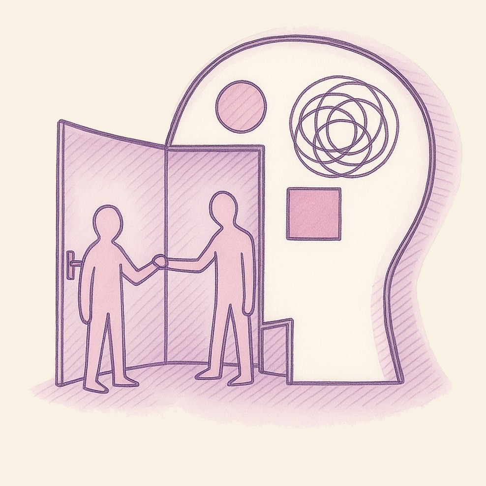 An illustration of two figures shaking hands at a doorway shaped like a head, opening into a reflective space.