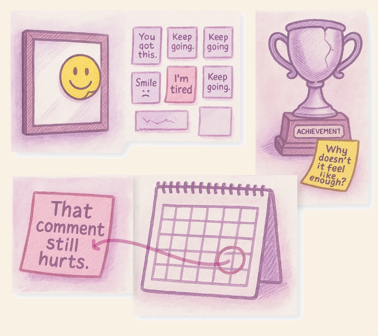 An illustrated collage representing everyday emotional weight: a forced smile, pressure to keep going, and the quiet ache of things left unsaid.