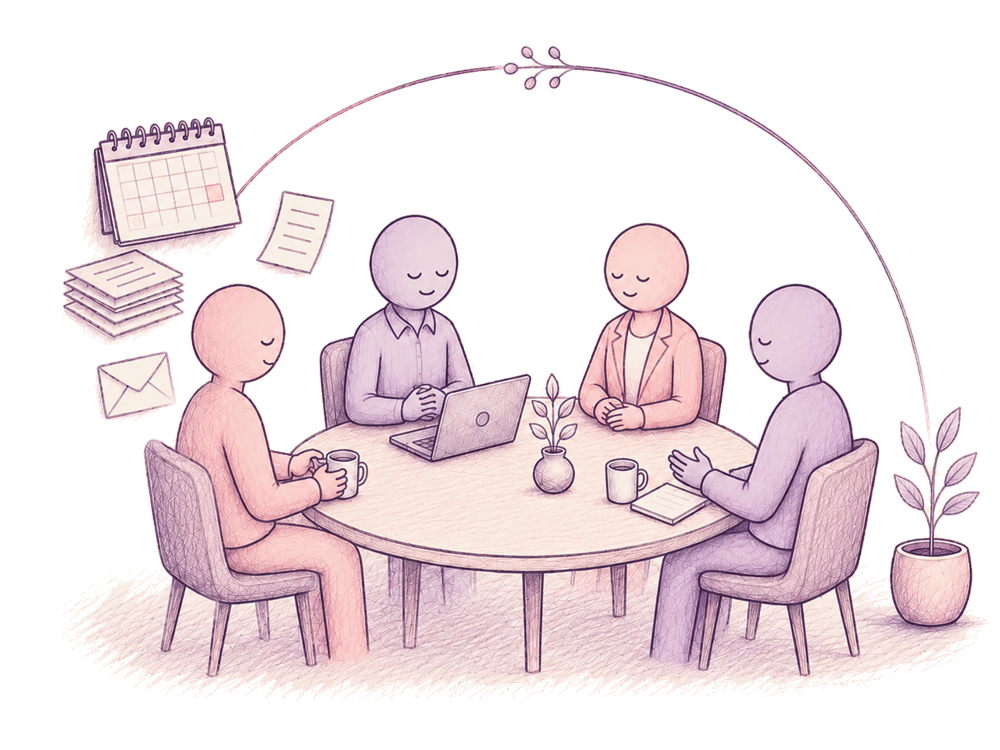 An illustration of four people sitting together around a round table with a laptop, mugs and a small plant, under a soft arc, with a calendar, papers and an envelope drifting to one side.